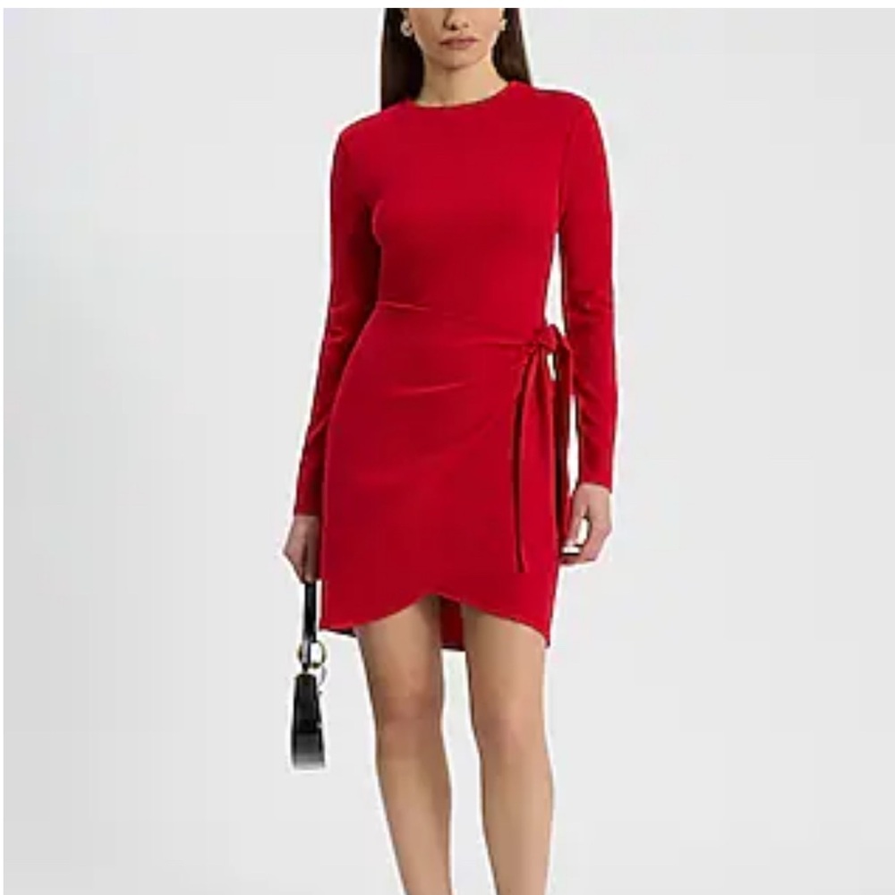 Express Crew Neck Long Sleeve Tie Wrap Mini Sheath Dress Lipstick Red XL